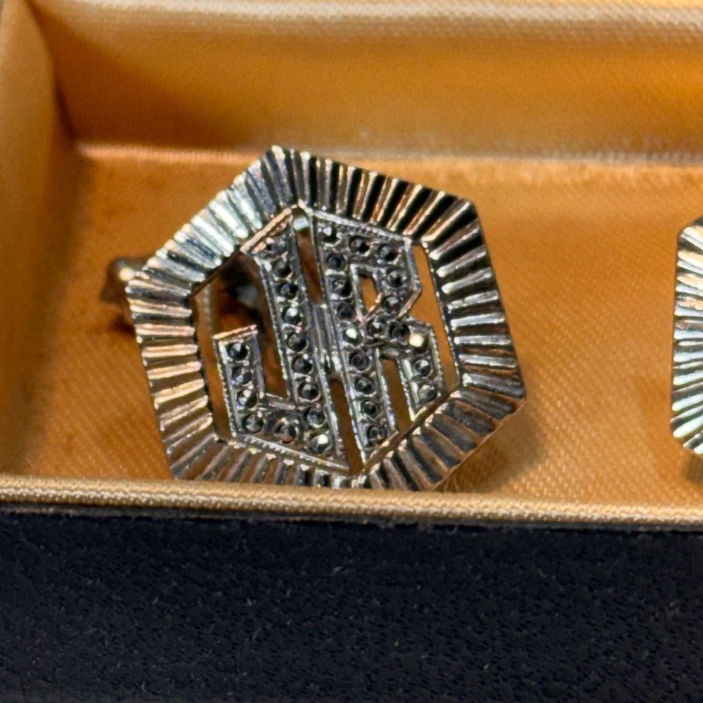 Vintage Sterling Silver Cufflinks Mens OS Rhinestones JR Monogram 60s